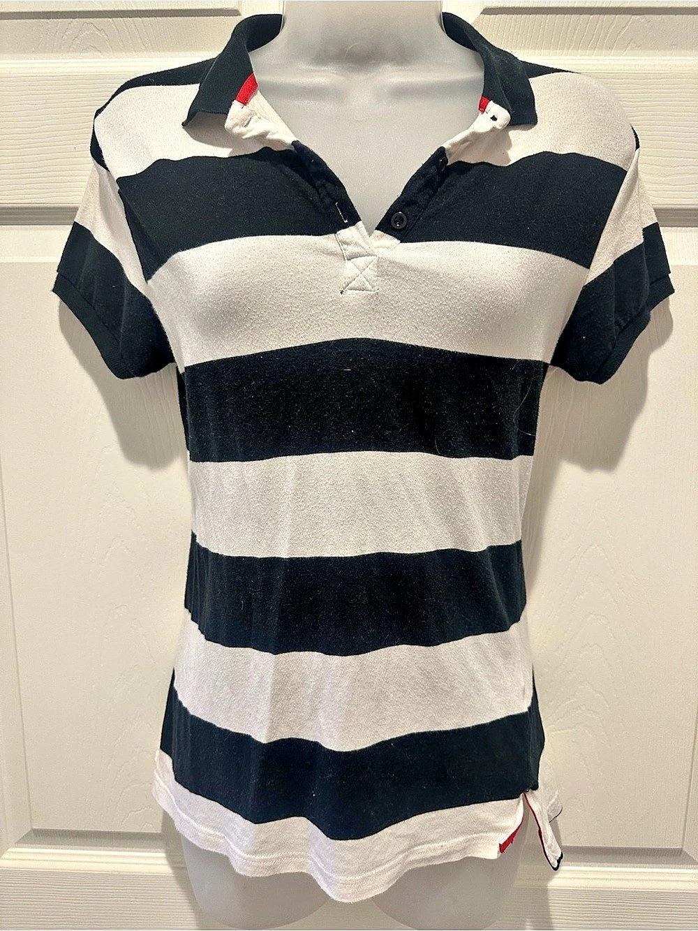 Vintage Y2K Poof! Large Striped Rugby Polo Top Size Large HTF RARE Stretch Prep